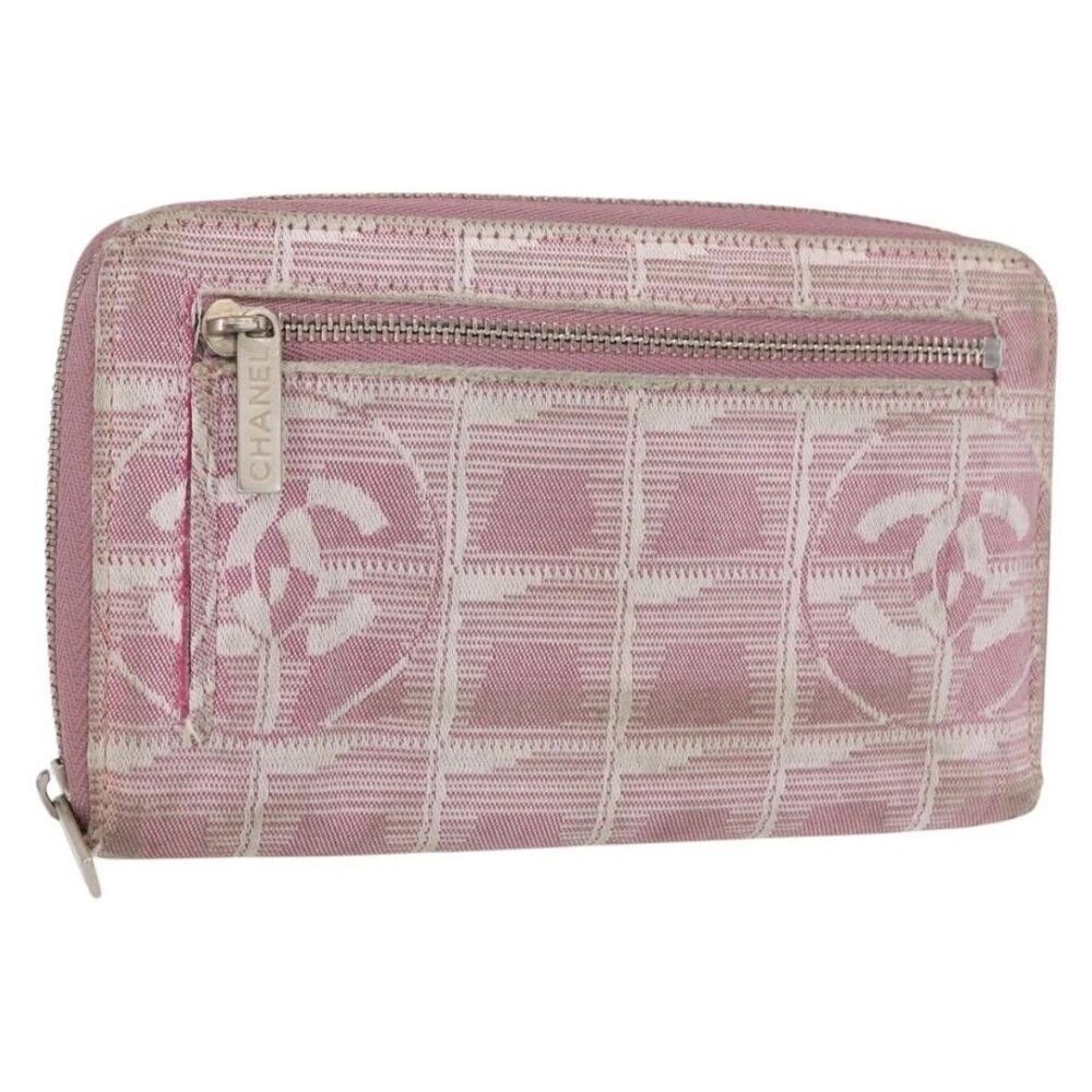 CHANEL New Travel Line Zip Around Long Wallet Nylon Pink Silver CC Auth bs31593